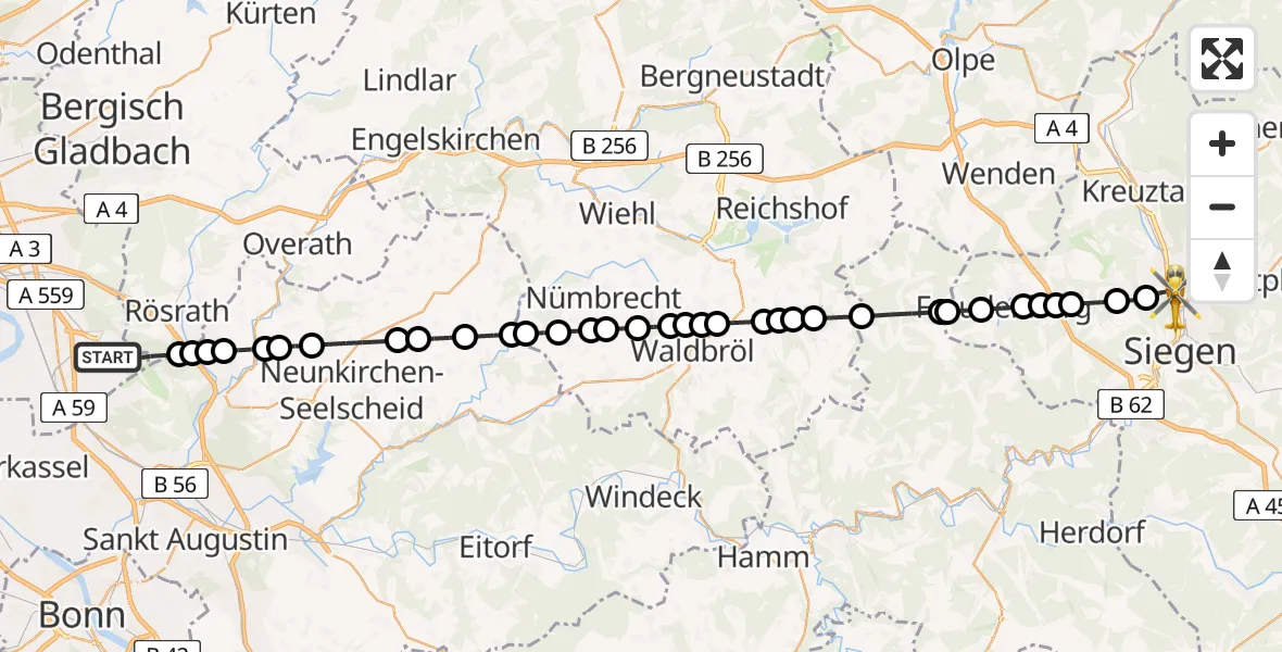 Flugroute Ambulanzhubschrauber Cologne Bonn Airport - Siegen, 07 März 2026, 11:42