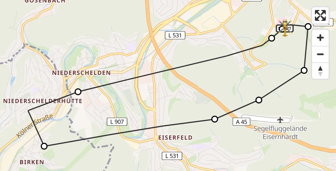 Flugroute Rettungshubschrauber Evangelisches Jung-Stilling Hospital - Evangelisches Jung-Stilling Hospital, 07 März 2026, 11:43