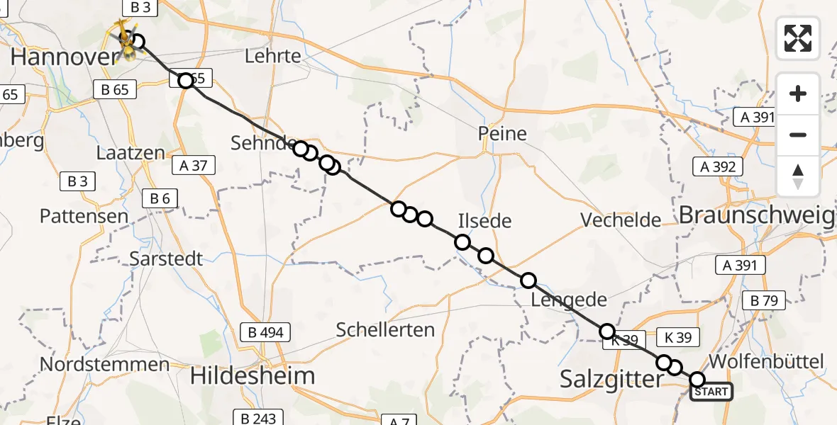 Flugroute Rettungshubschrauber Wolfenbüttel - Hannover Air Rescue Heliport (Christoph 4), 07 März 2026, 11:48