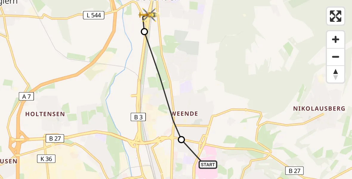 Flugroute Rettungshubschrauber Göttingen University Clinic Heliport - Bovenden, 07 März 2026, 11:49