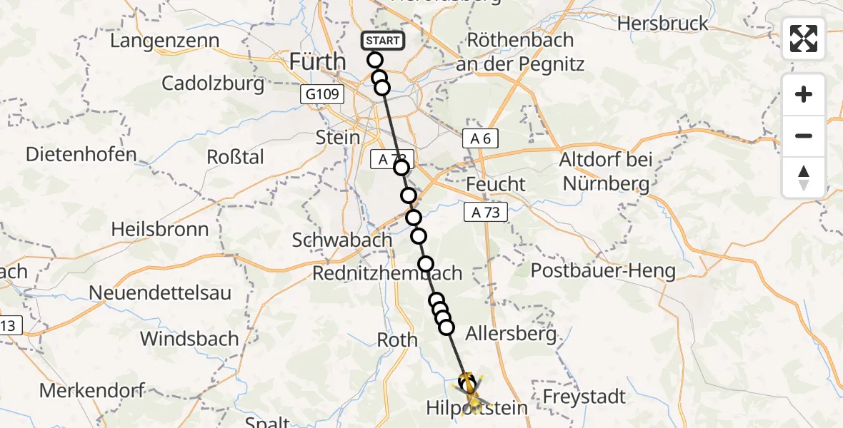 Flugroute Rettungshubschrauber Nuremberg Airport - Hilpoltstein, 07 März 2026, 11:51