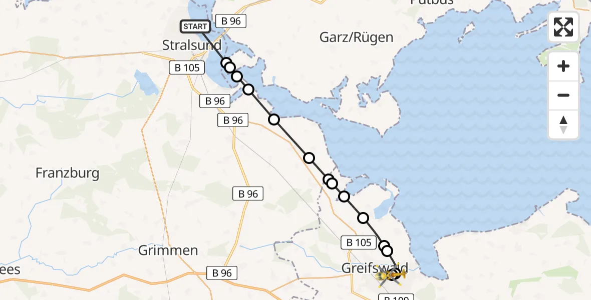 Flugroute Rettungshubschrauber Stralsund - Greifswald Hospital, 07 März 2026, 12:04