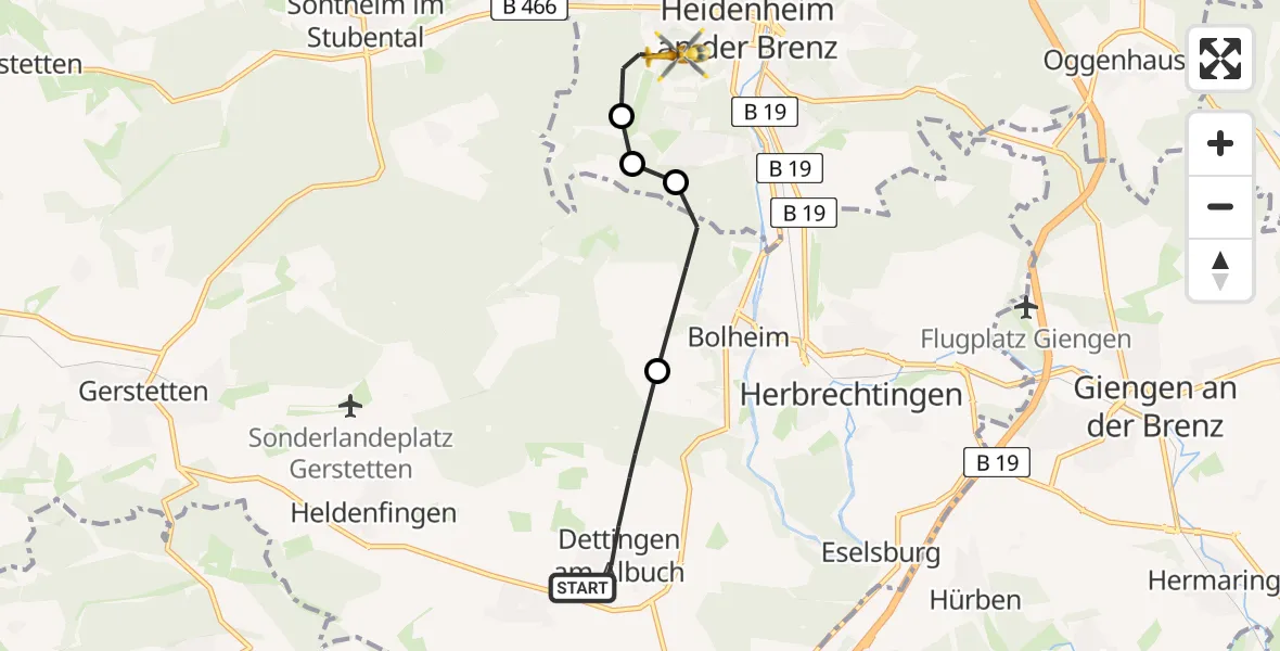 Flugroute Rettungshubschrauber Dettingen am Albuch - Heidenheim an der Brenz, 07 März 2026, 12:09