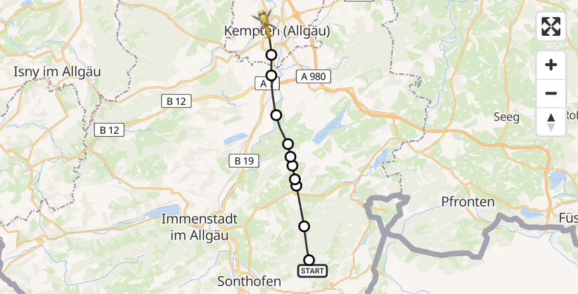 Flugroute Rettungshubschrauber Vorderhindelang - Kempten (Allgäu), 07 März 2026, 12:10