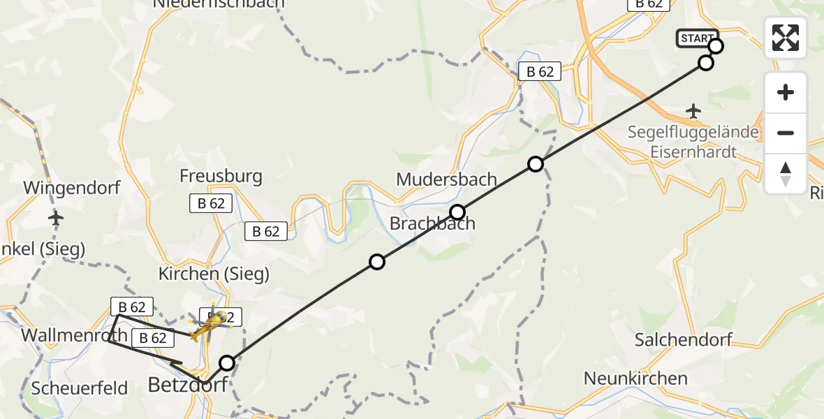 Flugroute Rettungshubschrauber Evangelisches Jung-Stilling Hospital - Betzdorf, 07 März 2026, 12:12