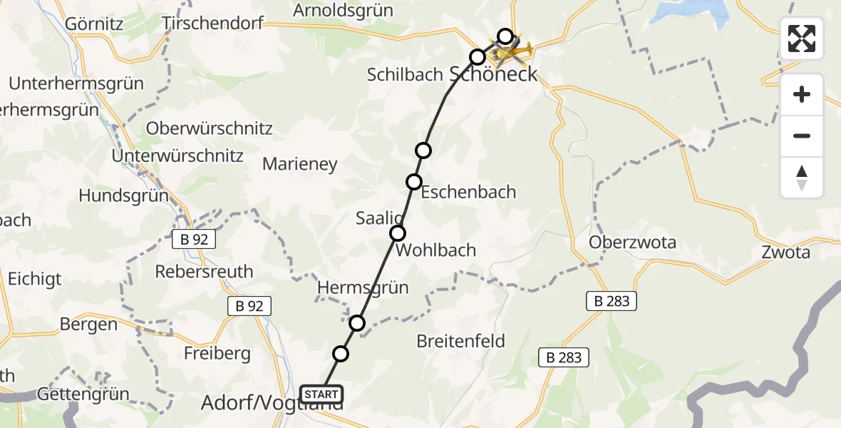 Flugroute Rettungshubschrauber Remtengrün - Paracelsus Hospital Schöneck, 07 März 2026, 12:16