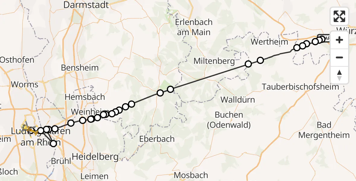 Flugroute Rettungshubschrauber Waldbrunn - Ludwigshafen am Rhein, 07 März 2026, 12:22