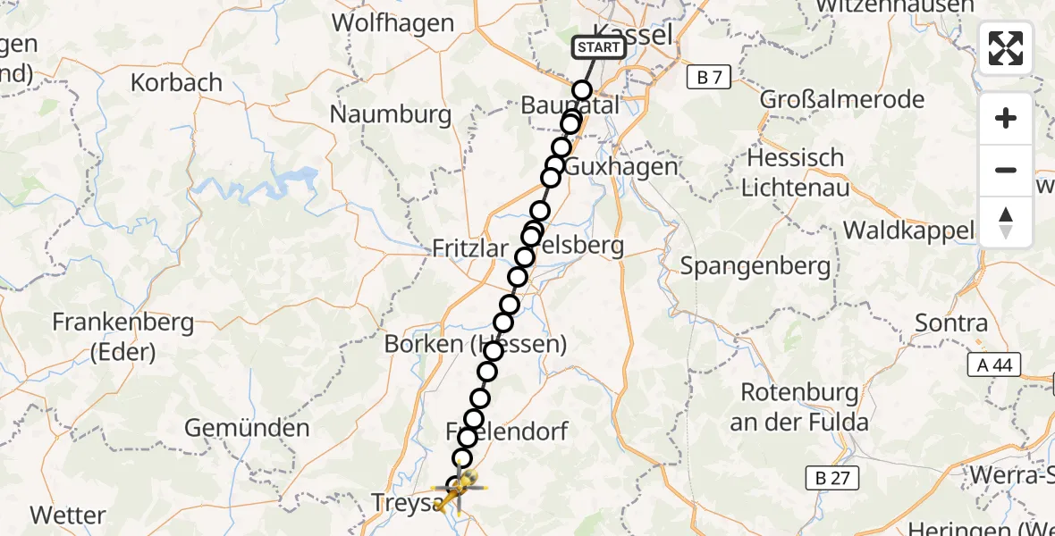 Flugroute Rettungshubschrauber Kassel - Niedergrenzebach, 07 März 2026, 12:26
