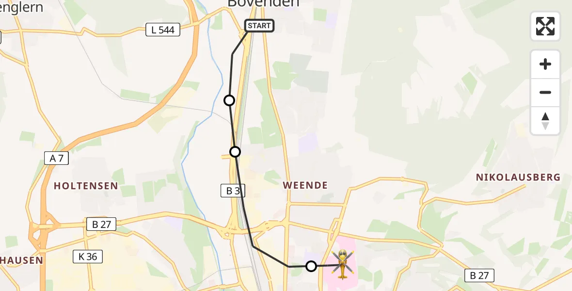 Flugroute Rettungshubschrauber Bovenden - Göttingen University Clinic Heliport, 07 März 2026, 12:26