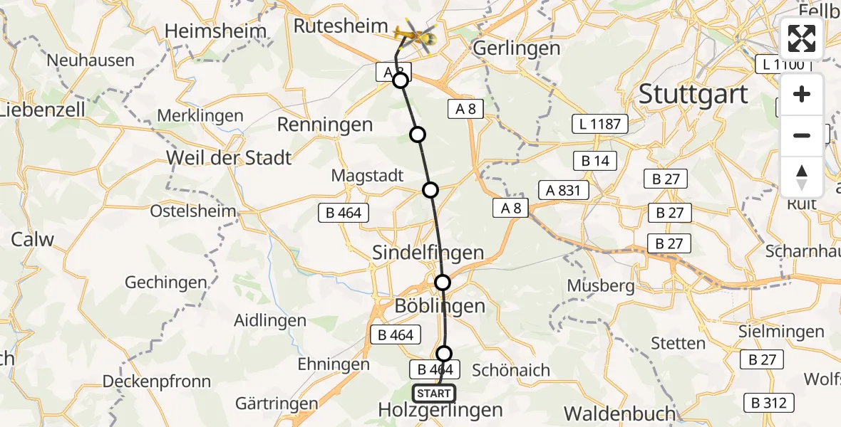 Routekaart van de vlucht: Rettungshubschrauber nach Leonberg Hospital Heliport