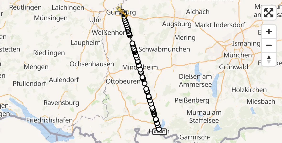 Flugroute Rettungshubschrauber Füssen - Günzburg Hospital, 07 März 2026, 12:34