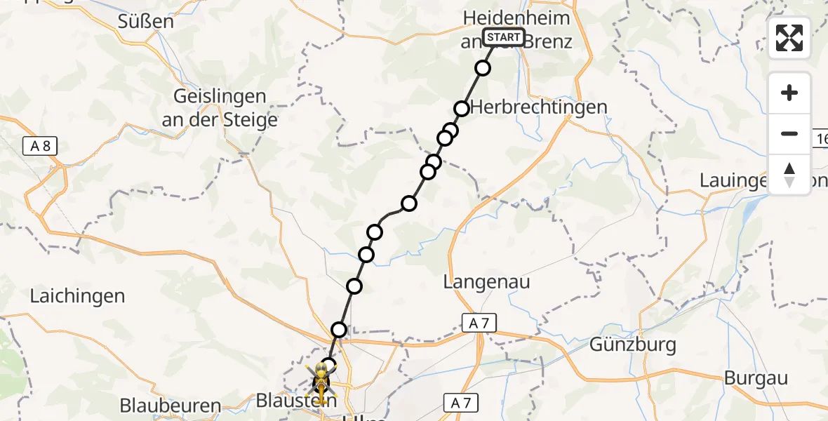Flugroute Rettungshubschrauber Heidenheim an der Brenz - ADAC Air Rescue Station Ulm (Christoph 22), 07 März 2026, 12:45