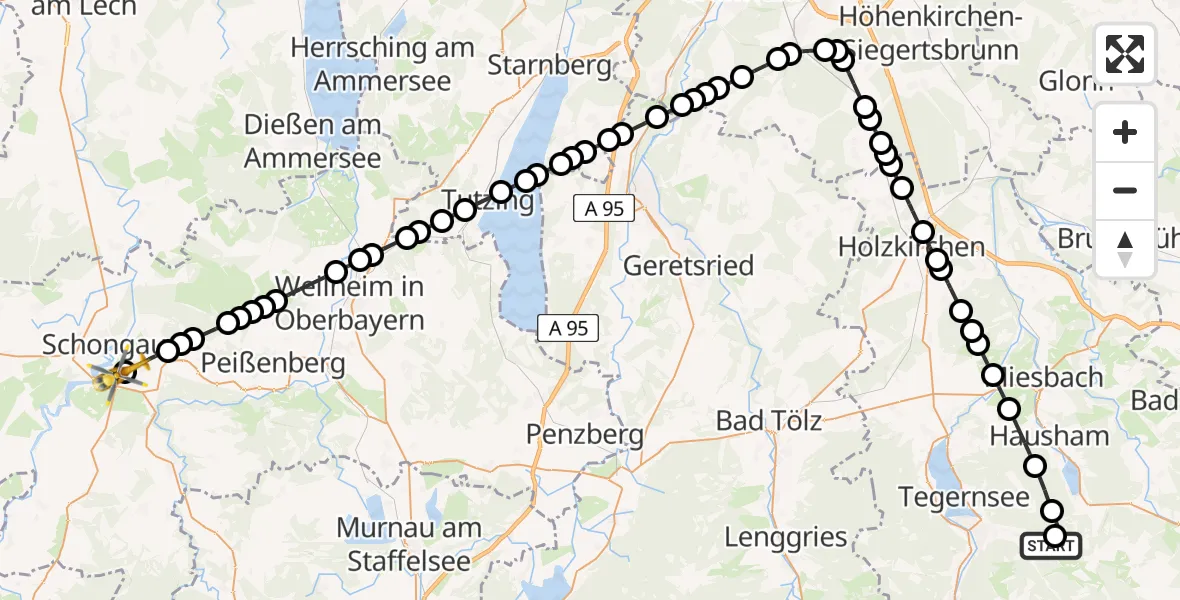 Flugroute Rettungshubschrauber Schliersee - Peiting, 07 März 2026, 12:46