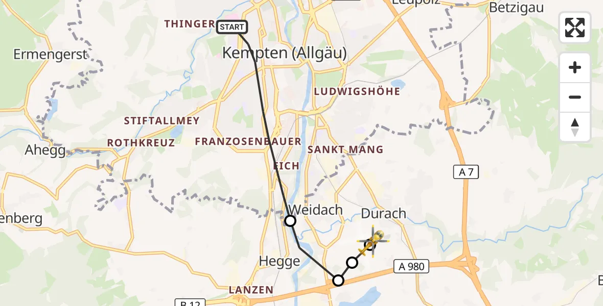 Flugroute Rettungshubschrauber Kempten (Allgäu) - Kempten-Durach Airfield, 07 März 2026, 12:47