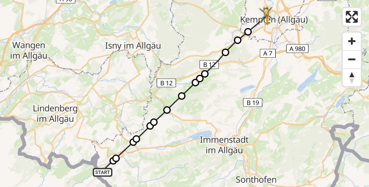 Routekaart van de vlucht: Rettungshubschrauber nach Kempten (Allgäu), Bischof-Freundorfer-Weg