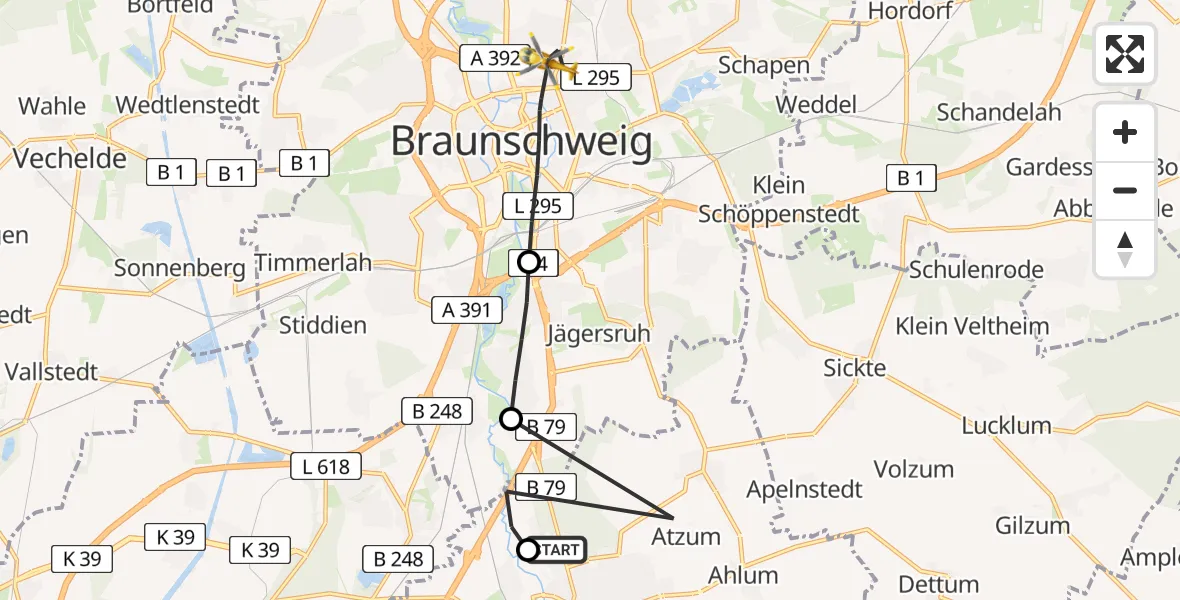 Flugroute Rettungshubschrauber Wolfenbüttel Municipal Hospital Heliport (Christoph 30) - Braunschweig, 07 März 2026, 12:51