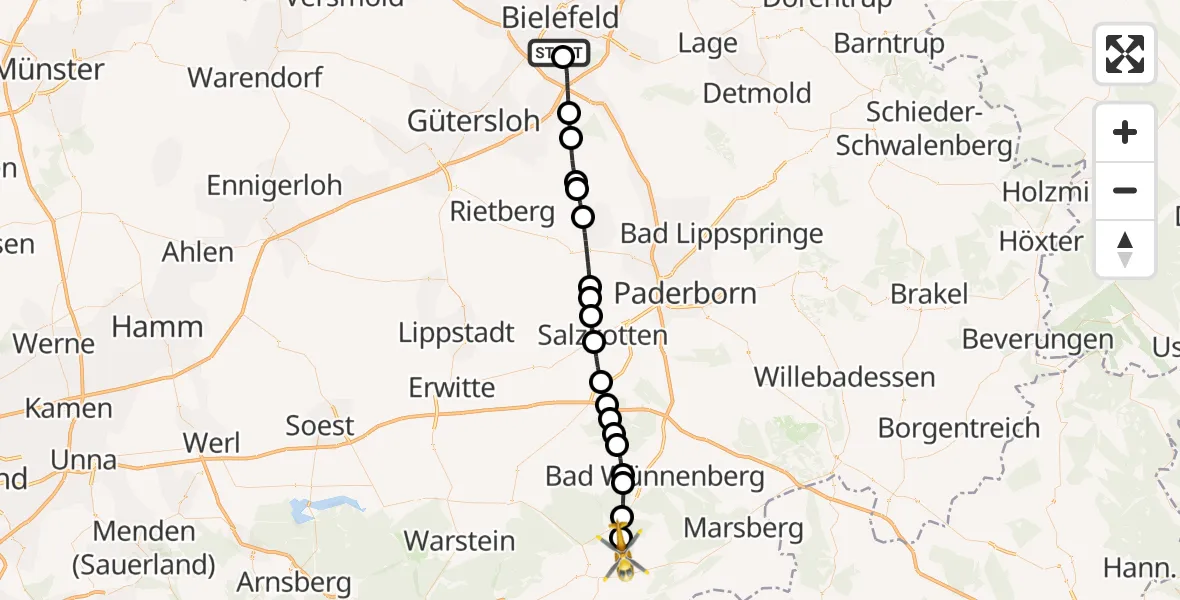 Flugroute Rettungshubschrauber Luftrettungszentrum Bielefeld - Nehden, 07 März 2026, 12:58