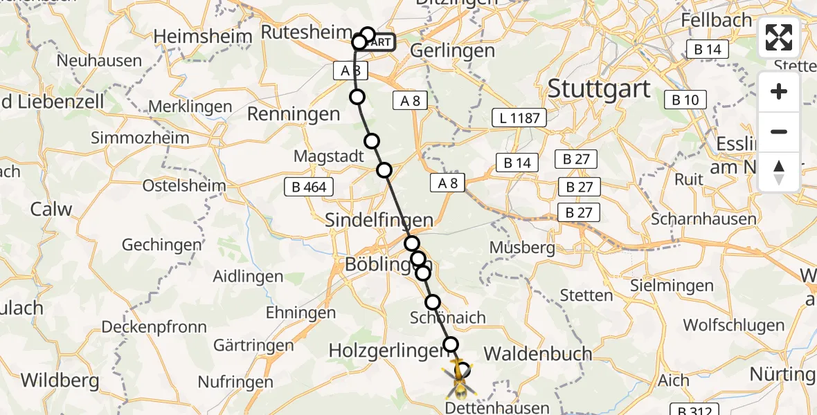 Flugroute Rettungshubschrauber Leonberg Hospital - Weil, 07 März 2026, 13:15