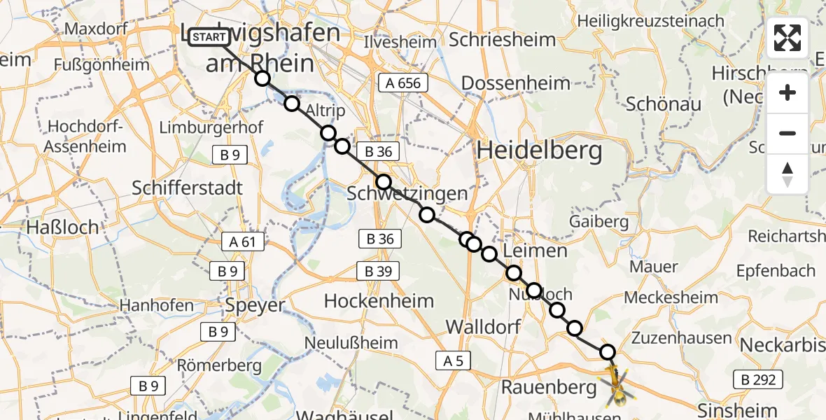 Flugroute Rettungshubschrauber Ludwigshafen am Rhein - Horrenberg, 07 März 2026, 13:17