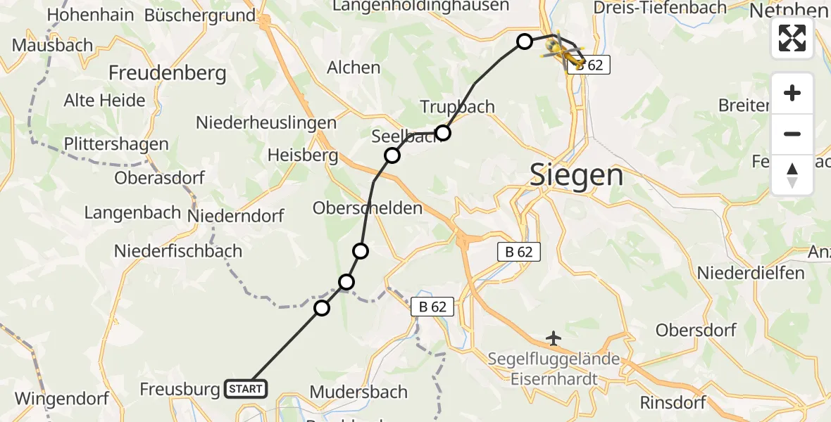 Flugroute Rettungshubschrauber Kirchen (Sieg) - Siegen, 07 März 2026, 13:20