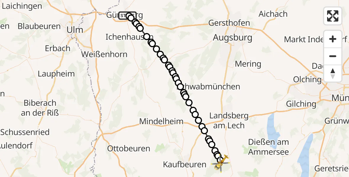 Flugroute Rettungshubschrauber Günzburg Hospital - Dienhausen, 07 März 2026, 13:21