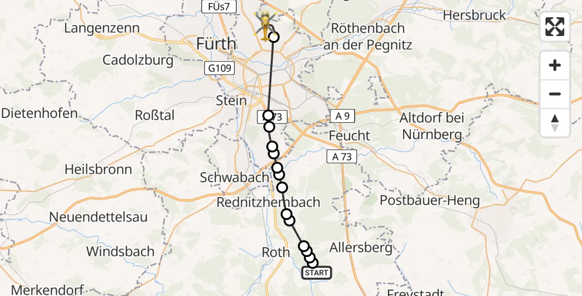 Flugroute Rettungshubschrauber Eckersmühlen - Nuremberg Airport, 07 März 2026, 13:21