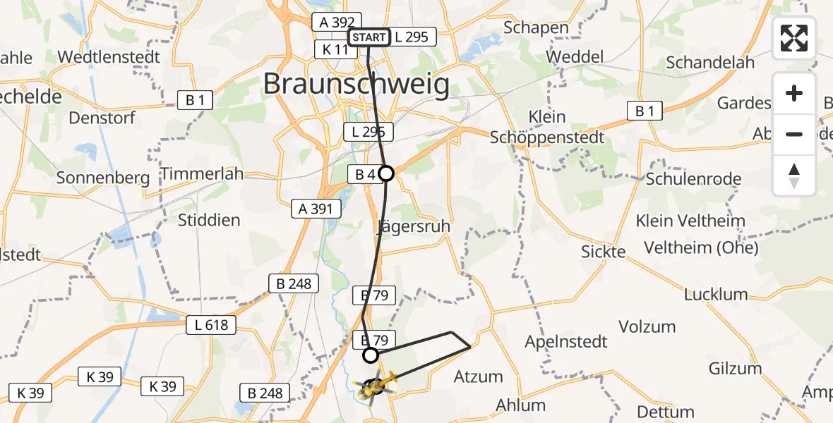 Routekaart van de vlucht: Rettungshubschrauber nach Wolfenbüttel Municipal Hospital Heliport (Christoph 30)