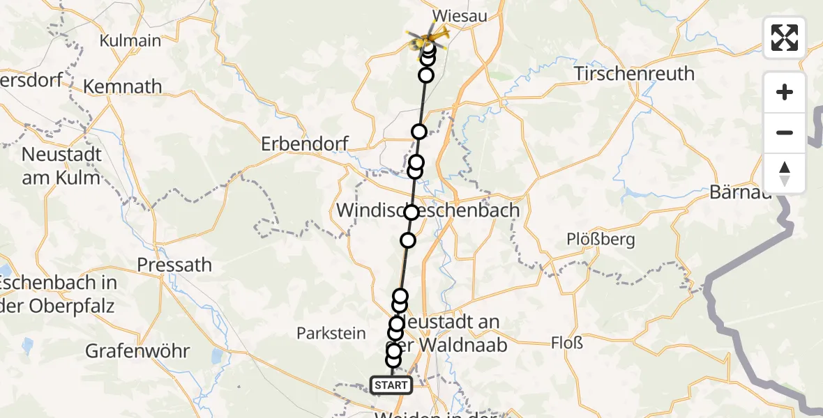 Flugroute Rettungshubschrauber Weiden in der Oberpfalz - Kornthan, 07 März 2026, 13:25