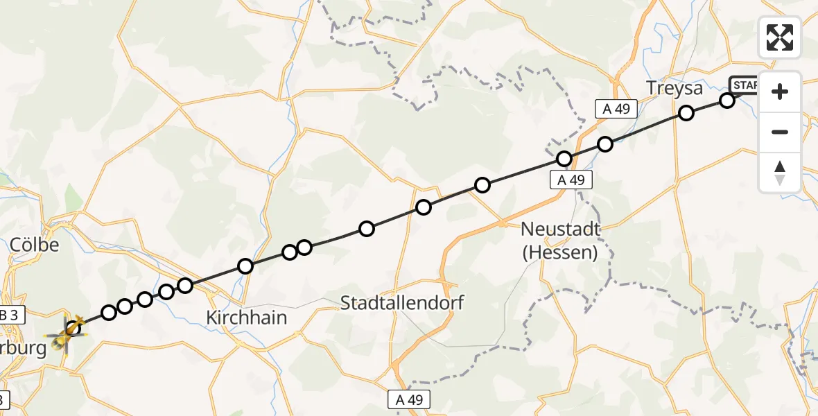 Routekaart van de vlucht: Rettungshubschrauber nach Marburg University Hospital Rooftop