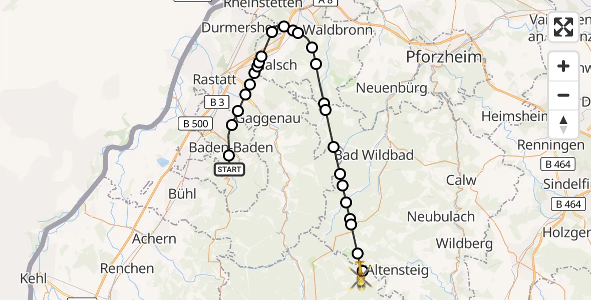 Flugroute Rettungshubschrauber Geroldsau - Seewald, 07 März 2026, 13:29