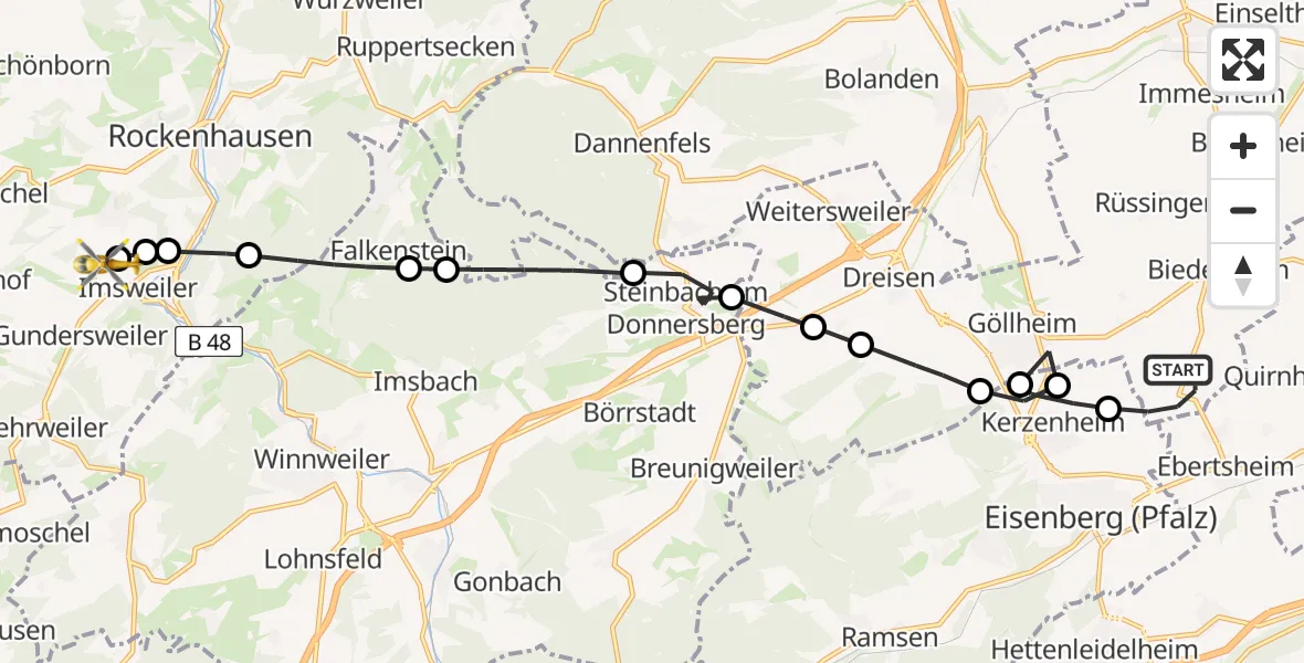 Flugroute Rettungshubschrauber Lautersheim - Imsweiler UL, 07 März 2026, 13:33