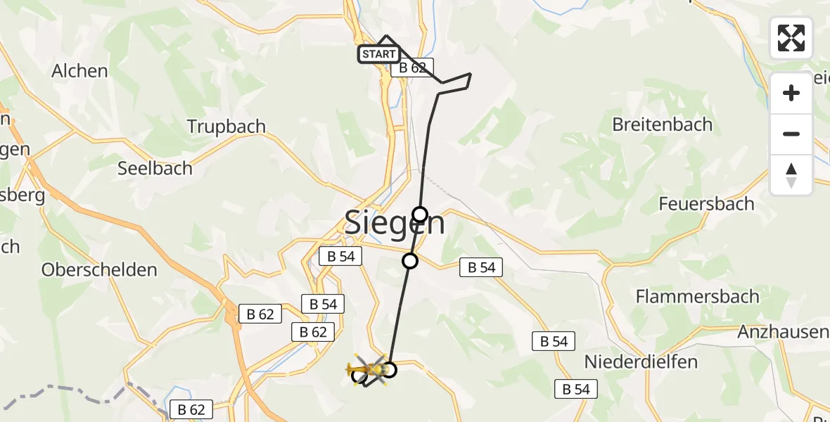 Flugroute Rettungshubschrauber Siegen - Evangelisches Jung-Stilling Hospital, 07 März 2026, 13:38