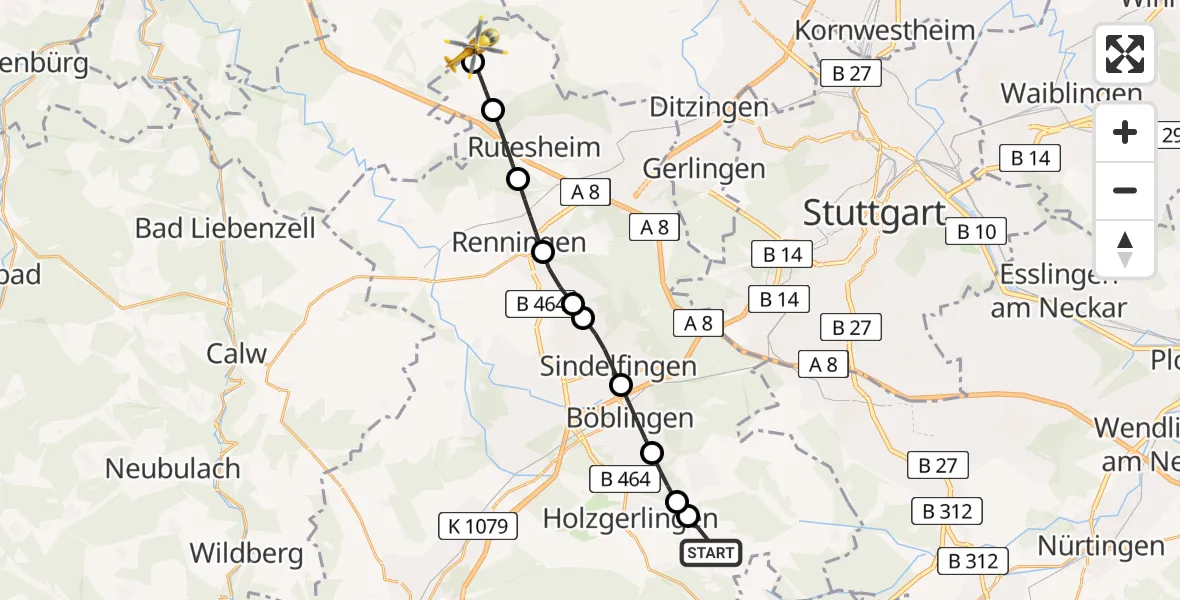 Routekaart van de vlucht: Rettungshubschrauber nach Weissach, Porschestraße