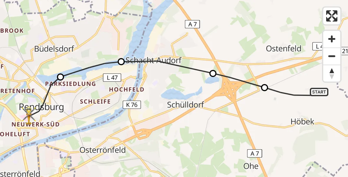 Flugroute Rettungshubschrauber Höbek - Rendsburg, 07 März 2026, 13:43