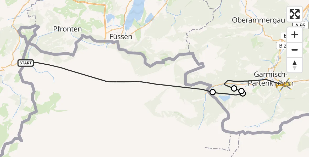 Flugroute Rettungshubschrauber Schattwald - Garmisch-Partenkirchen Clinic Heliport, 07 März 2026, 13:46