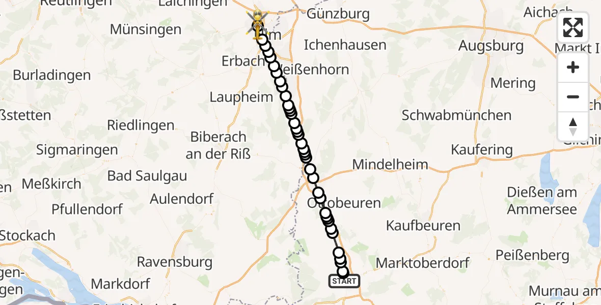 Flugroute Rettungshubschrauber Kempten (Allgäu) - Ulm Military Hospital Emergency Heliport, 07 März 2026, 13:47
