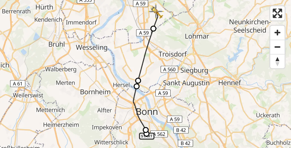 Flugroute Ambulanzhubschrauber Bonn University Hospital - Cologne Bonn Airport, 07 März 2026, 13:48