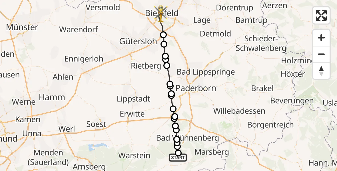 Flugroute Rettungshubschrauber Nehden - Bielefeld, 07 März 2026, 13:48