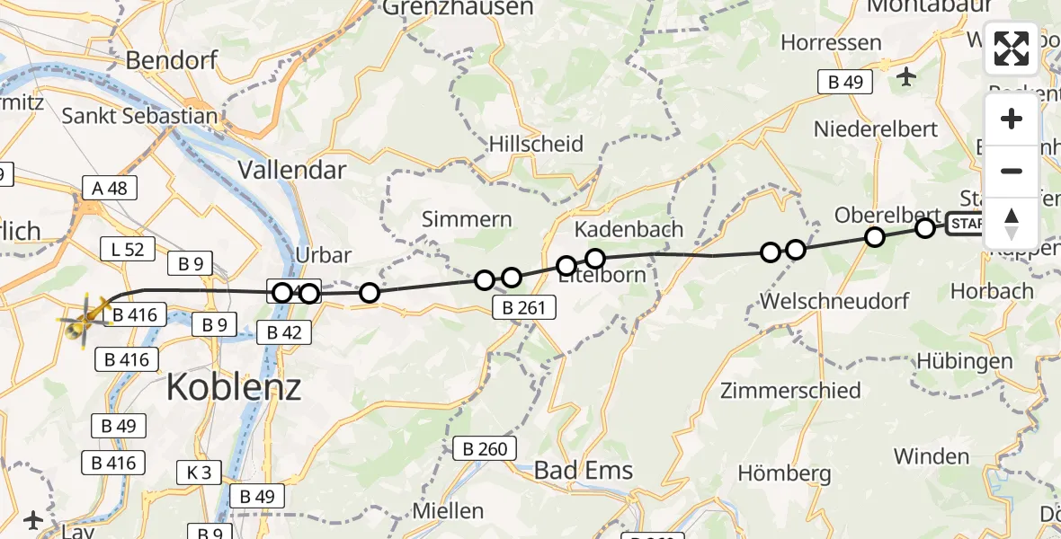 Routekaart van de vlucht: Rettungshubschrauber nach Koblenz, Rübenacher Straße