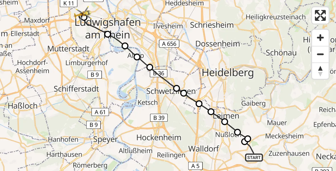 Flugroute Rettungshubschrauber Baiertal - Ludwigshafen am Rhein, 07 März 2026, 13:51