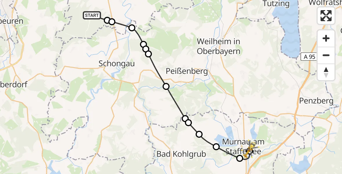 Flugroute Rettungshubschrauber Dienhausen - Murnau Accident Hospital, 07 März 2026, 13:51