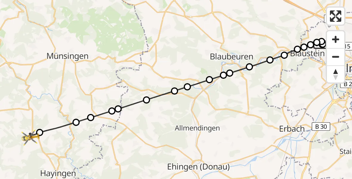 Flugroute Rettungshubschrauber Ulm Military Hospital Emergency - Hayingen, 07 März 2026, 13:56