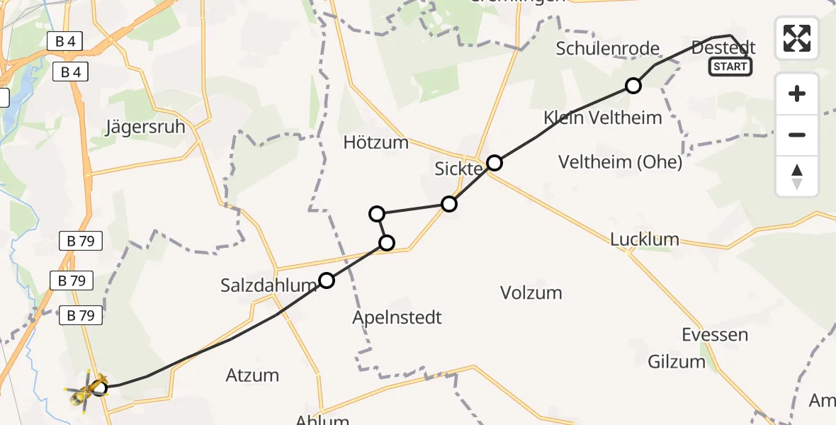 Flugroute Rettungshubschrauber Destedt - Wolfenbüttel Municipal Hospital Heliport (Christoph 30), 07 März 2026, 14:17
