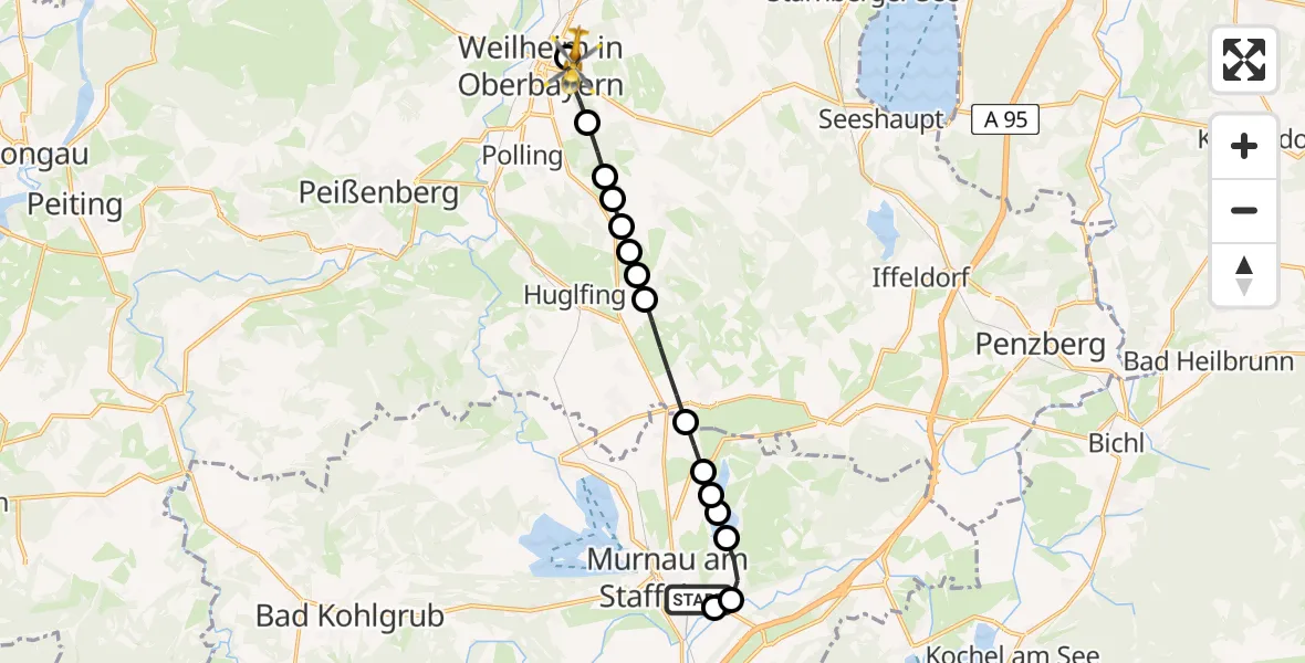 Routekaart van de vlucht: Rettungshubschrauber nach Weilheim in Oberbayern, Andreas-Schmidtner-Straße