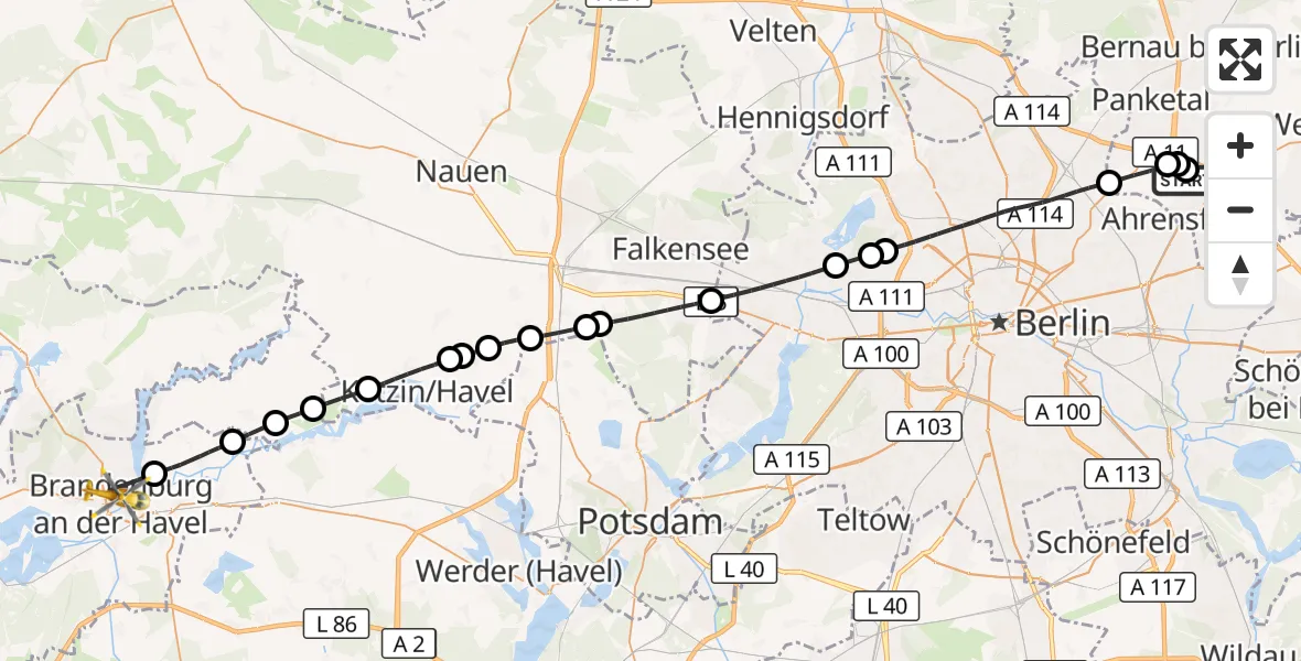 Flugroute Rettungshubschrauber Ahrensfelde Heliport - Brandenburg an der Havel, 07 März 2026, 14:24