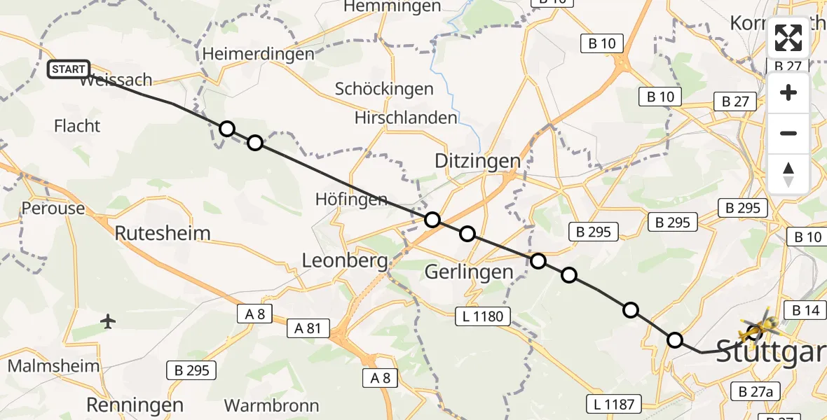 Flugroute Rettungshubschrauber Weissach - Stuttgart, 07 März 2026, 14:28