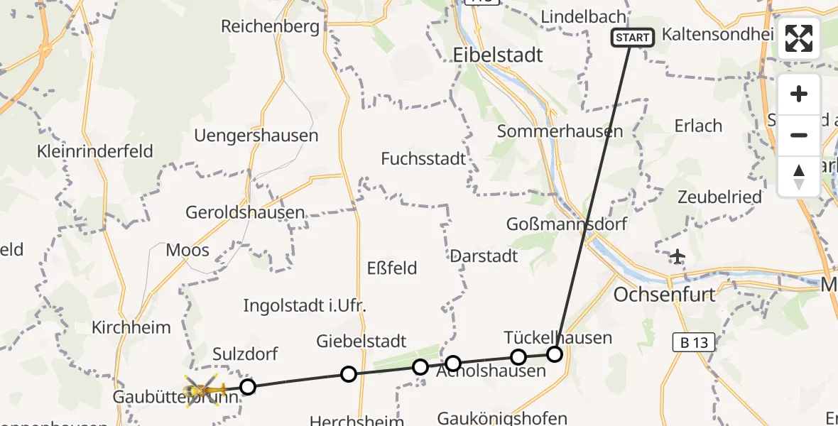 Flugroute Rettungshubschrauber Westheim - Gaubüttelbrunn, 07 März 2026, 14:33