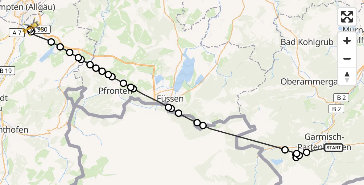 Flugroute Rettungshubschrauber Garmisch-Partenkirchen - Kempten-Durach Airfield, 07 März 2026, 14:36
