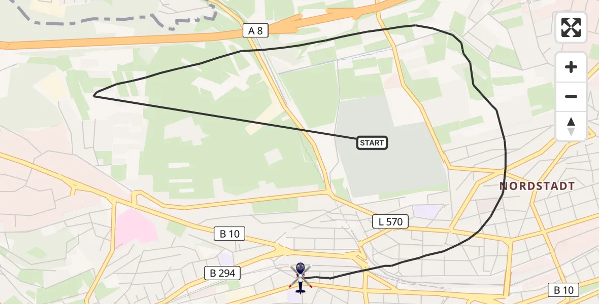 Routekaart van de vlucht: Polizeihubschrauber nach Pforzheim, Durlacher Straße