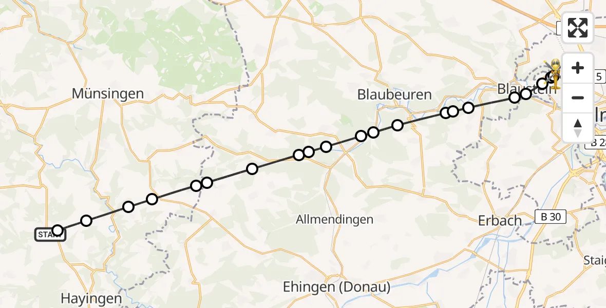 Flugroute Rettungshubschrauber Ehestetten - Ulm Military Hospital Emergency, 07 März 2026, 14:37